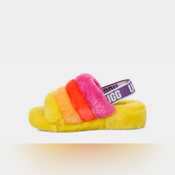 UGG Pride Fluff Yeah flat sandals in yellow rainbow - Picture 2 of 6